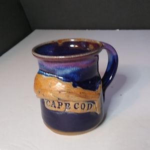 Stoneware Mug , 3 D Cape Cod with Shark raised design, signed . Blue